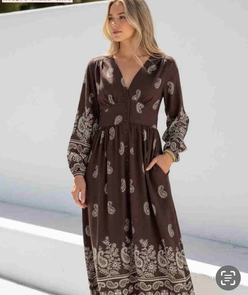 Arabella Paisley Midi Dress - Brown