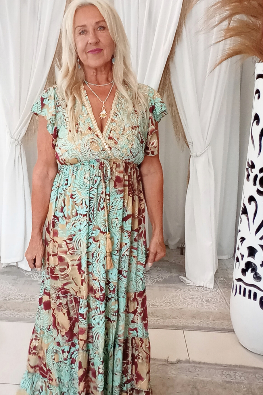 Gemini Dress Teal Burgundy Gold