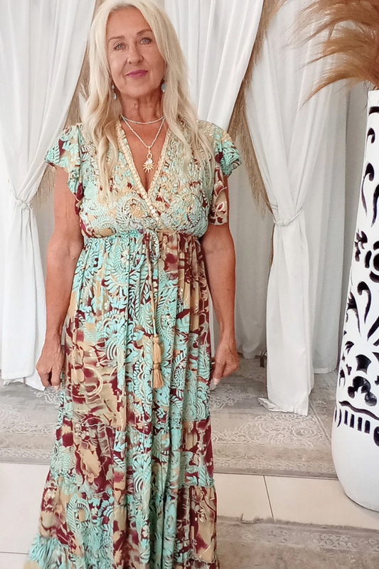 Gemini Dress Teal Burgundy Gold