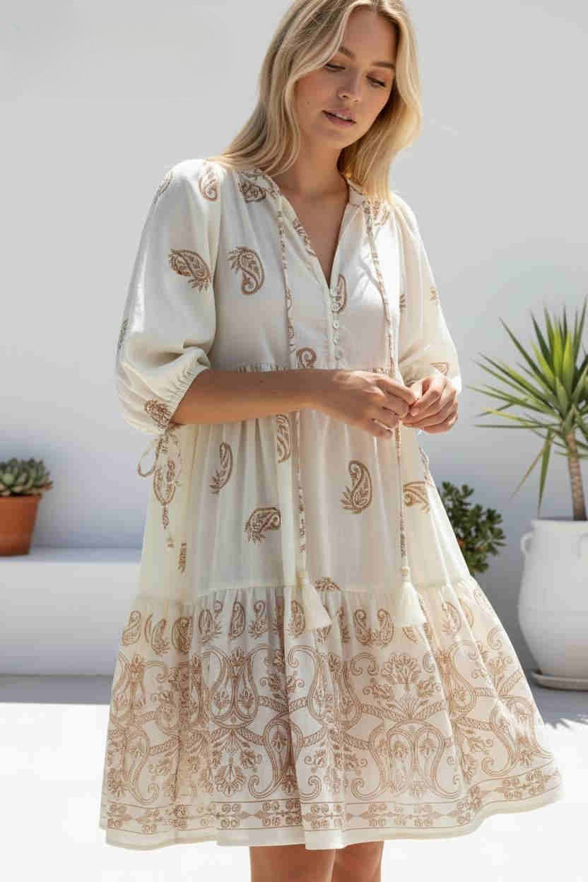 Arabella Paisley Smock Dress - Cream