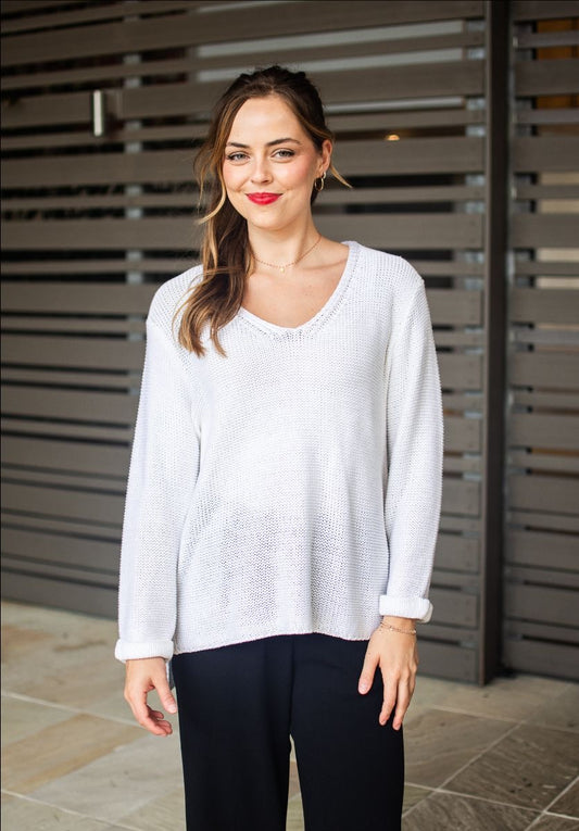 Coco White Knitted Roll-up Sleeve Top
