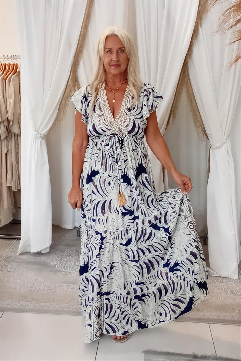 Gemini Dress Navy Cream Gold
