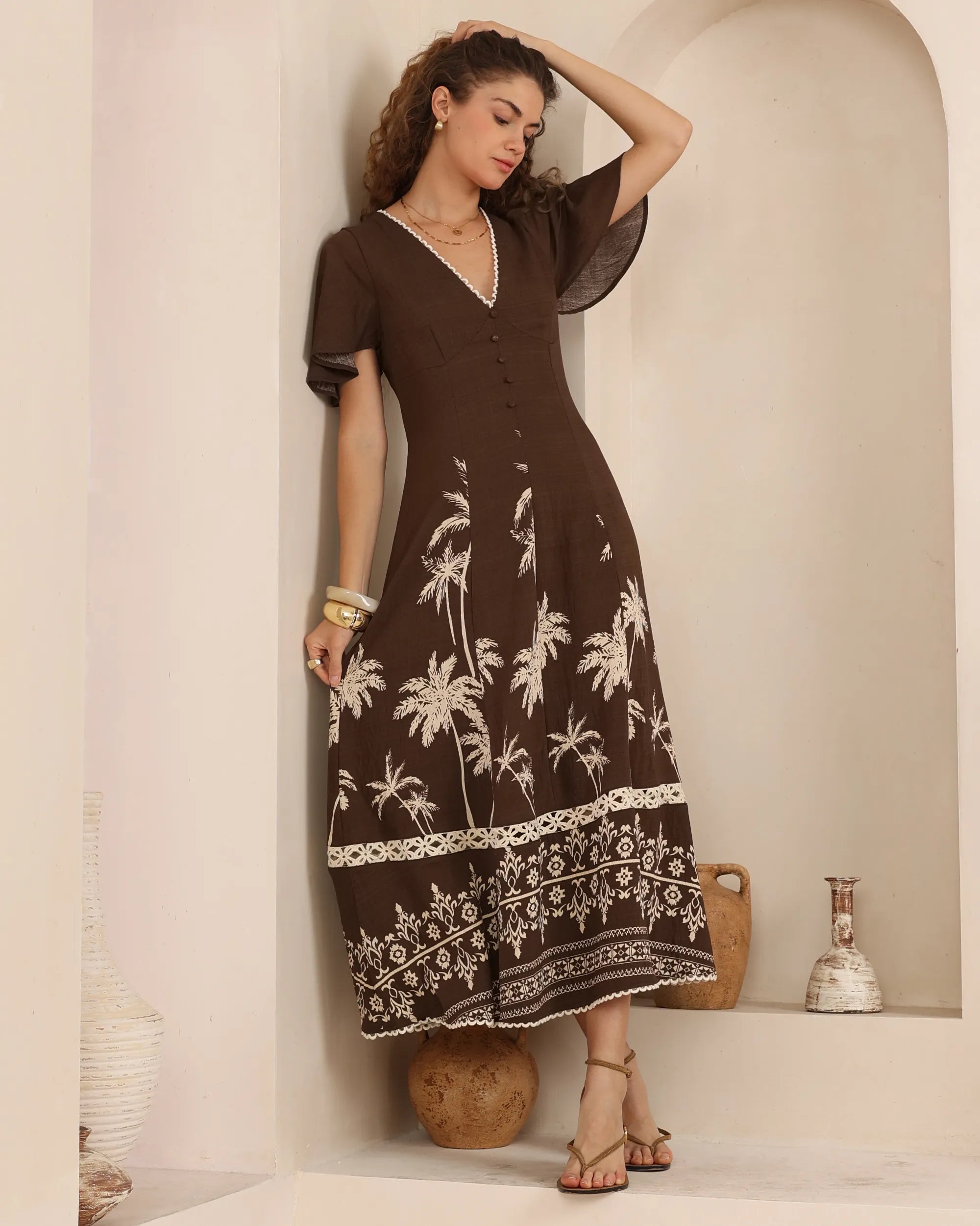 Chocolate Palm Maxi Dress By Iris Maxi