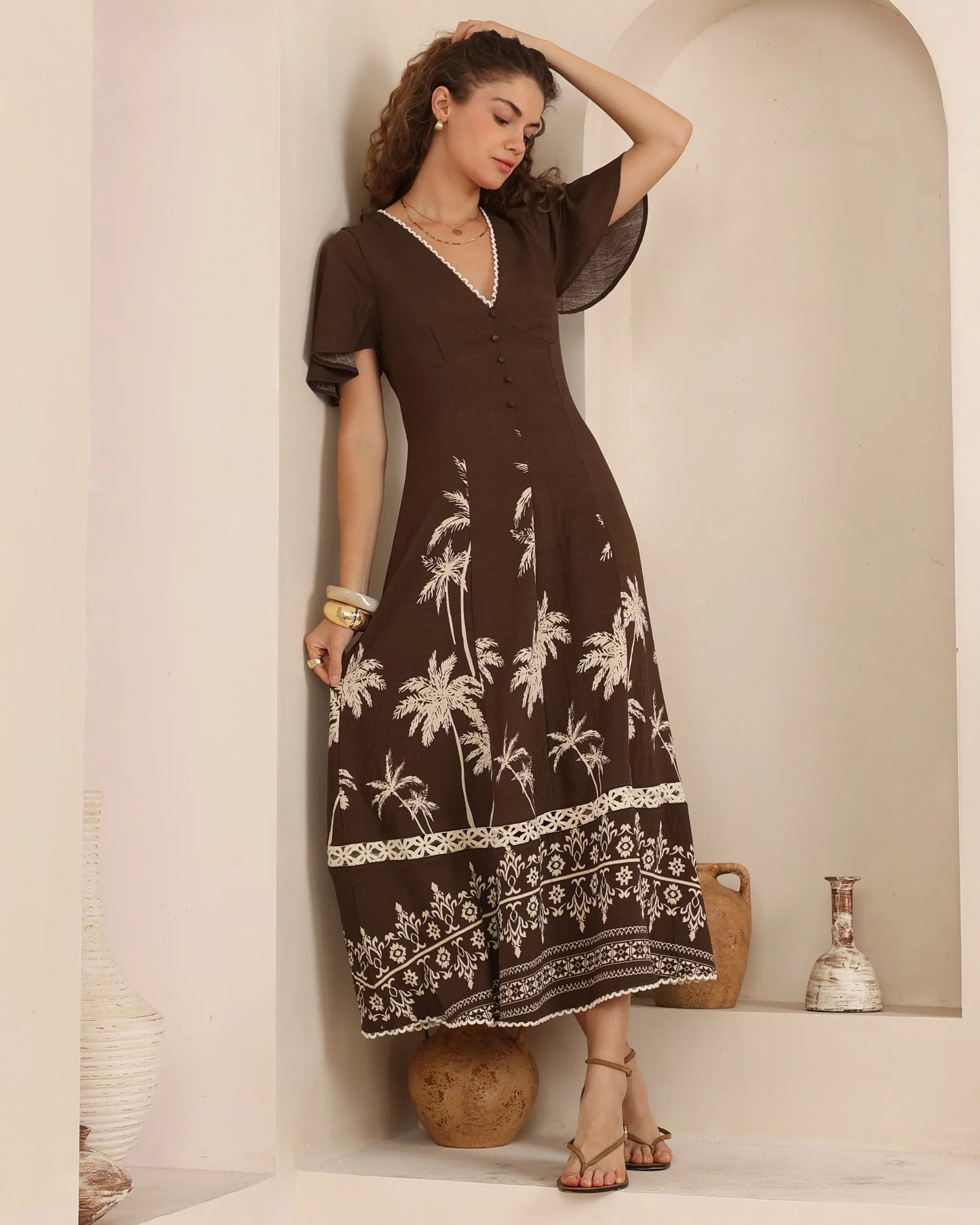 Chocolate Palm Maxi Dress By Iris Maxi