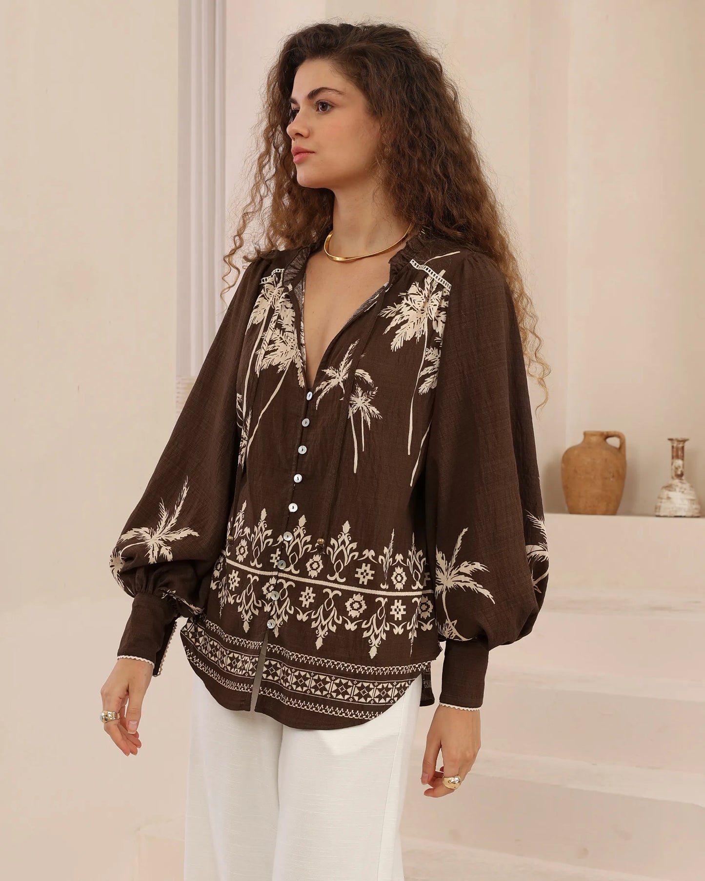 Chocolate Palm Shirt By Iris Maxi