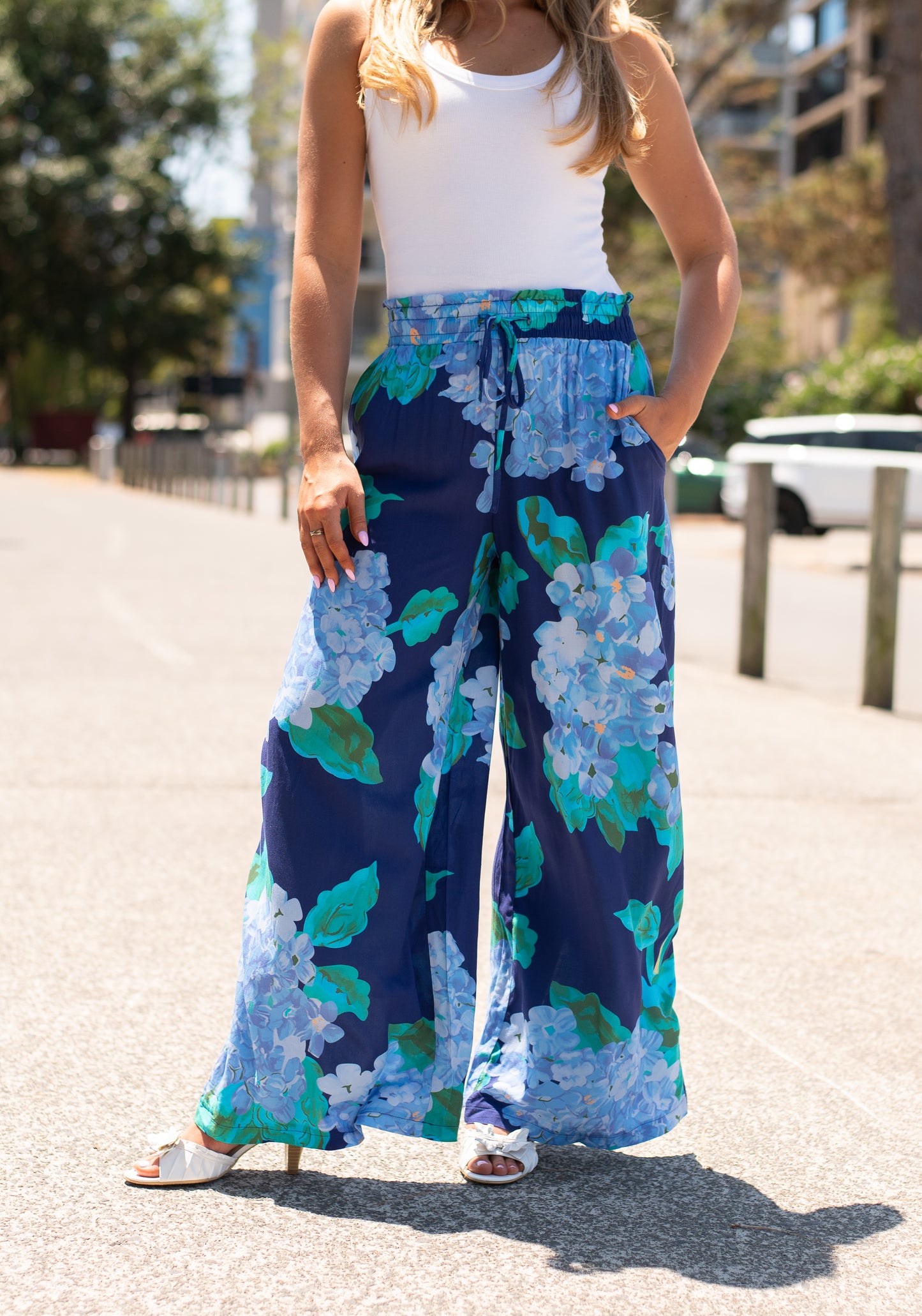 Devine Wide Leg Pants - Navy Hydrangeas
