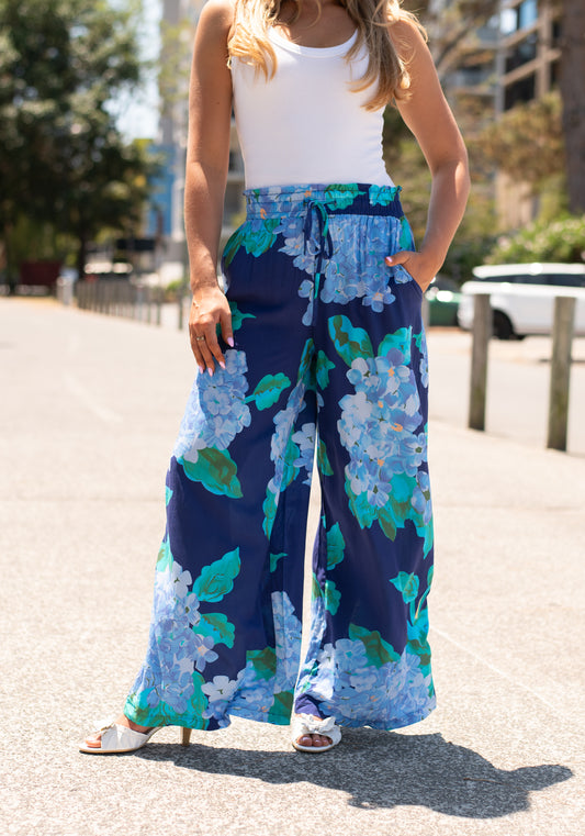 Devine Wide Leg Pants - Navy Hydrangeas