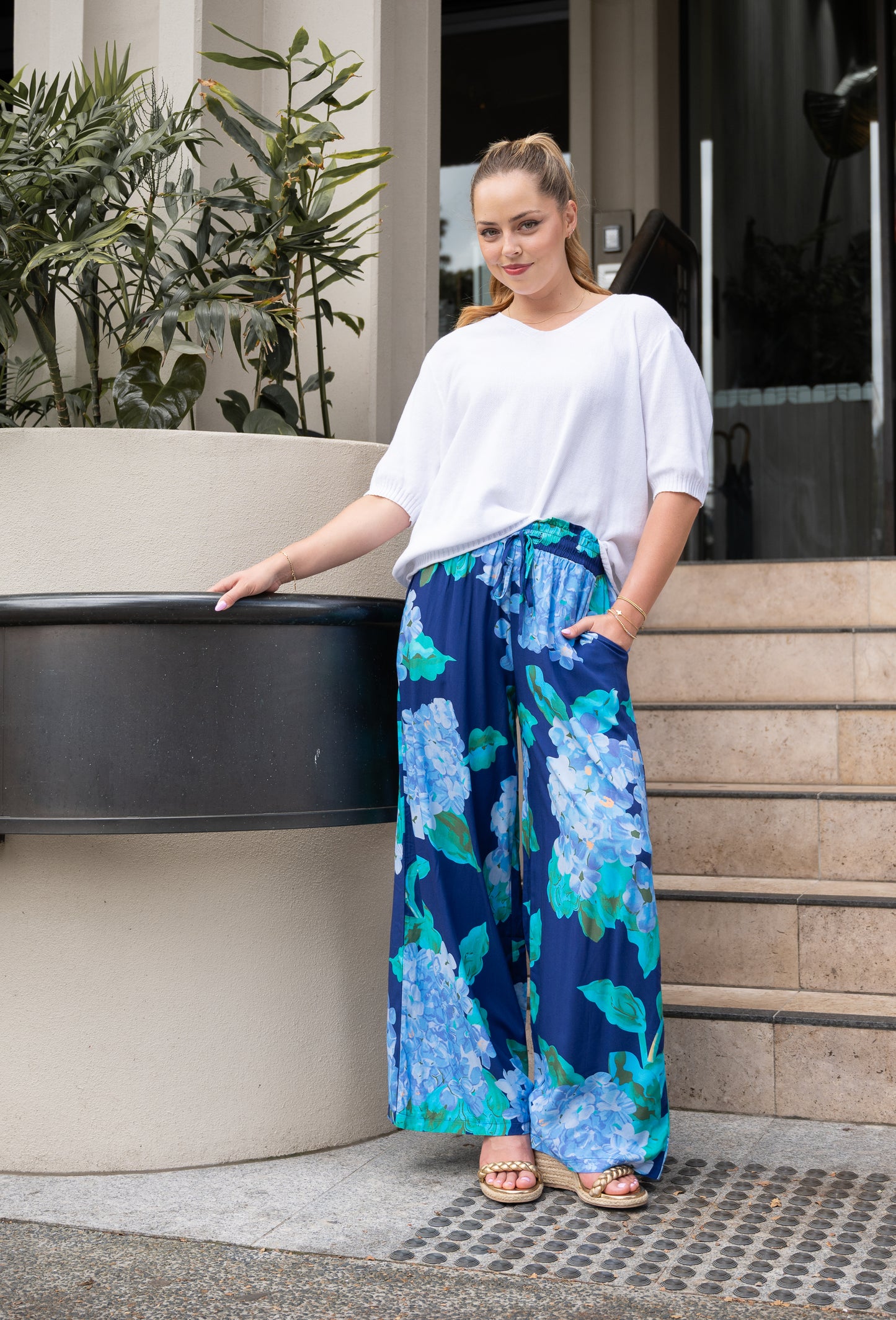 Devine Wide Leg Pants - Navy Hydrangeas