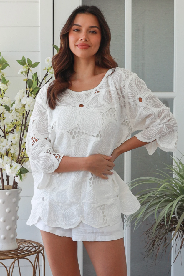 Hayley Floral Embroidered Top - White