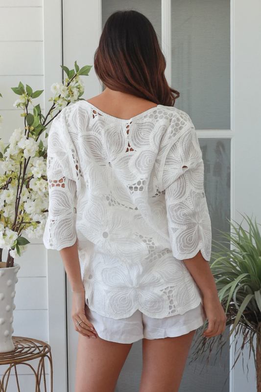 Hayley Floral Embroidered Top - White