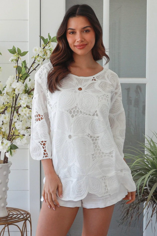 Hayley Floral Embroidered Top - White