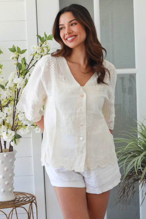 Eloise Embroidered Blouse - Cream