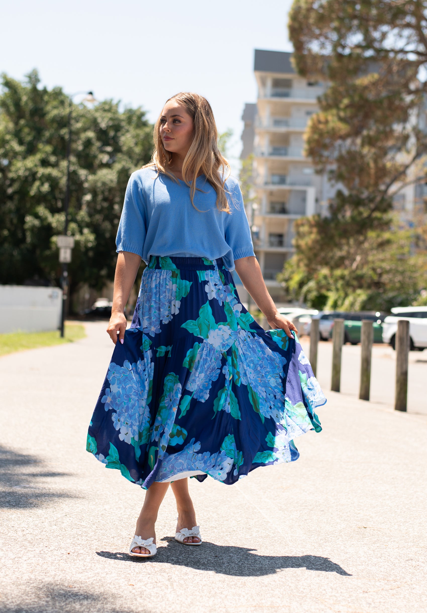 Devine Maxi Skirt - Navy Hydrangeas